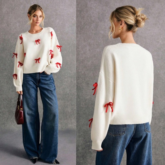 Red Bow Detail Off White Round Neck Oversized Knit Pullover Sweater - Picture 2 of 16